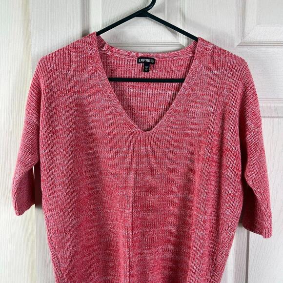 Express Knit Sweater Womans XS Red Solid Short Sleeve Spring Sweater Cotton - Picture 6 of 7